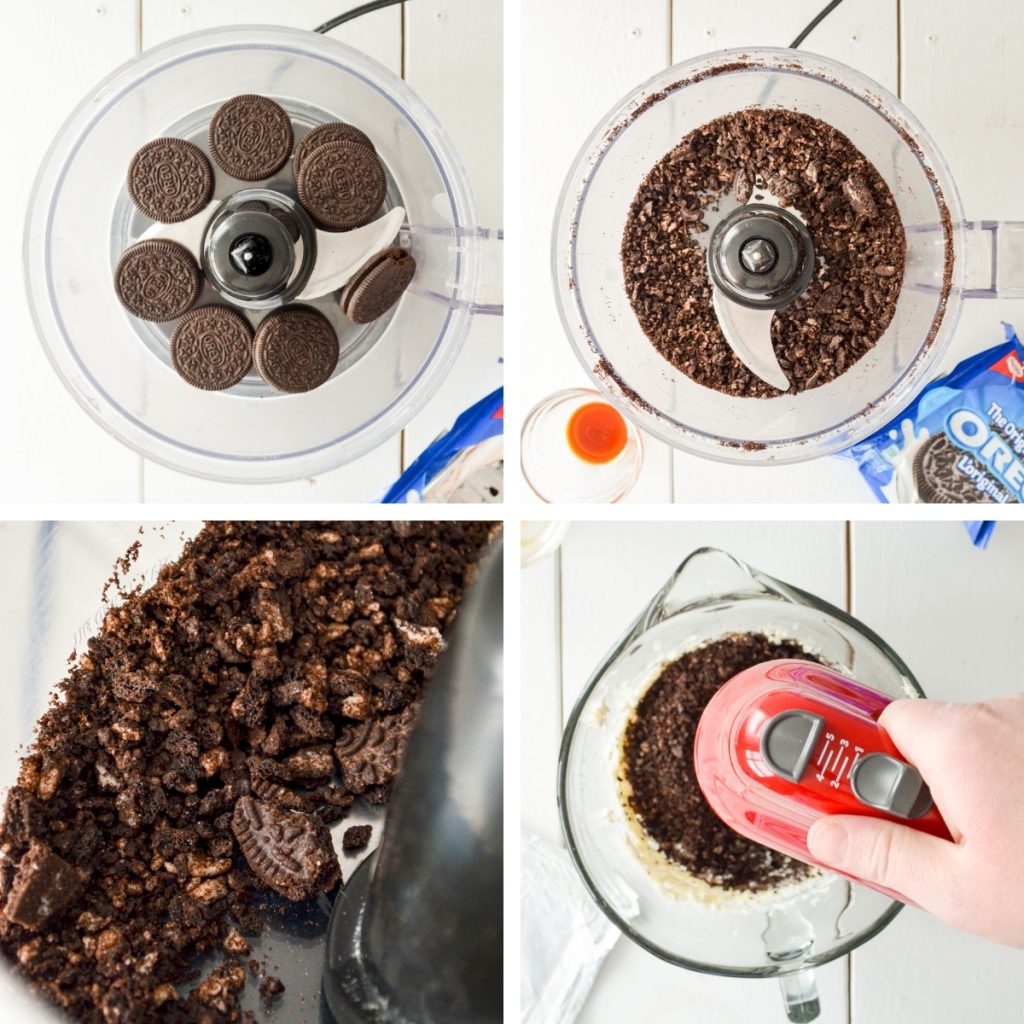 Four photos demonstrating the process of making Oreo cookie crumbs. See the recipe for text directions.