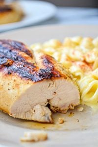A close up of a piece of grilled chicken with macaroni salad on the side.