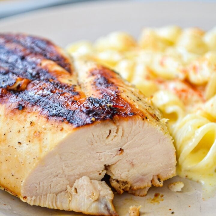 A close up of a piece of grilled chicken with macaroni salad on the side.