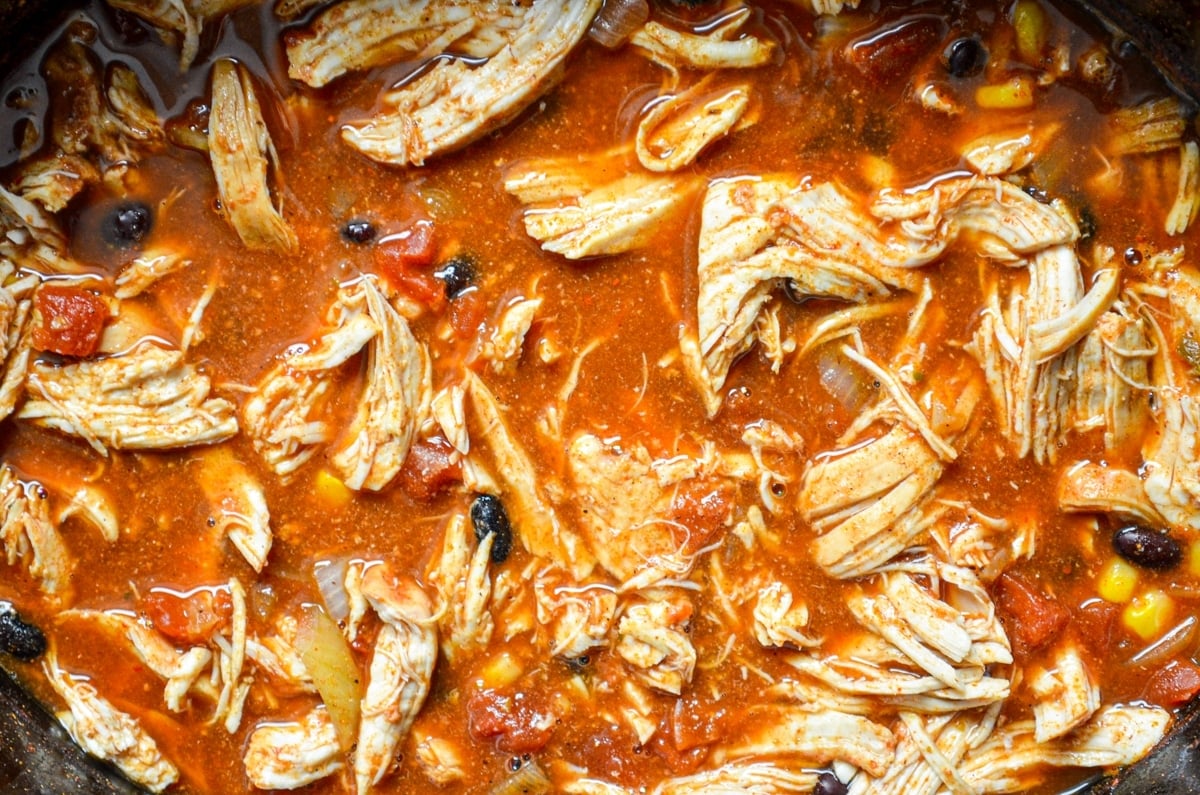A close up of chicken taco soup made in the crockpot.