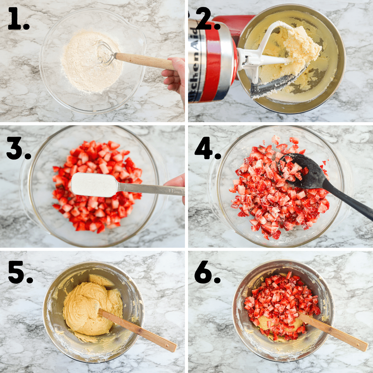 6 photos, showing an overhead shot of the process of making strawberry buttermilk muffins. See the written recipe for full text descriptions of each step. 