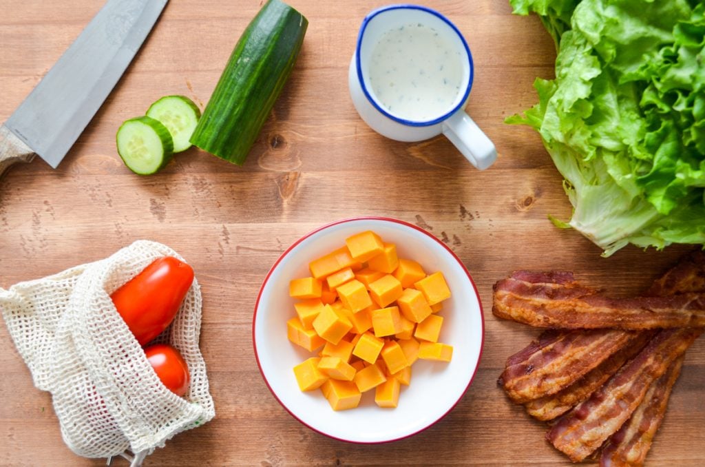 The ingredients needed to make a delicious BLT Salad.