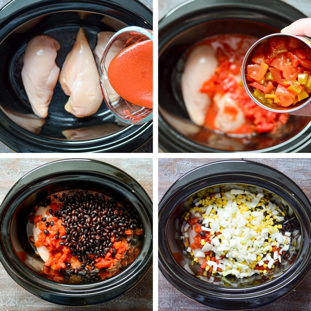 Four grids, detailing how to make crockpot chicken taco soup. See the recipe for full text instructions.