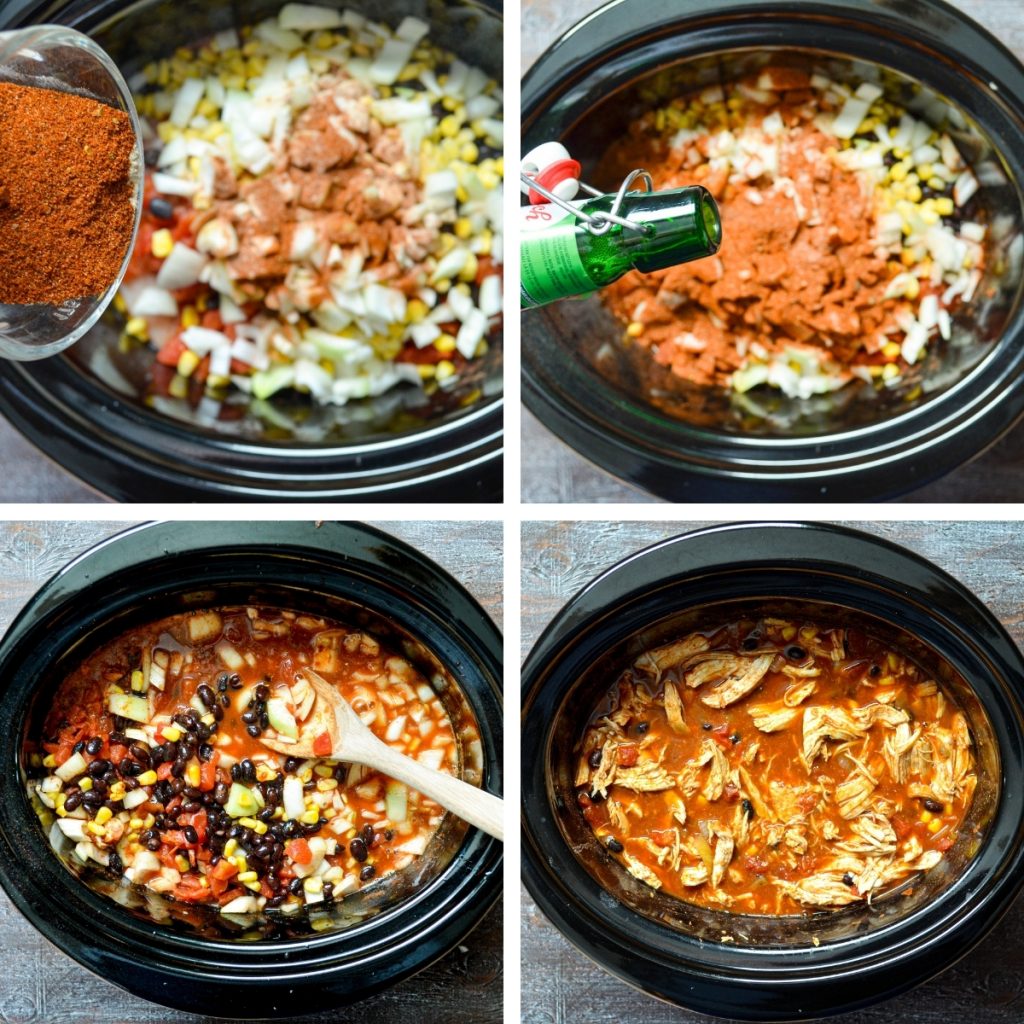 Four grids, detailing how to make crockpot chicken taco soup. See the recipe for full text instructions.