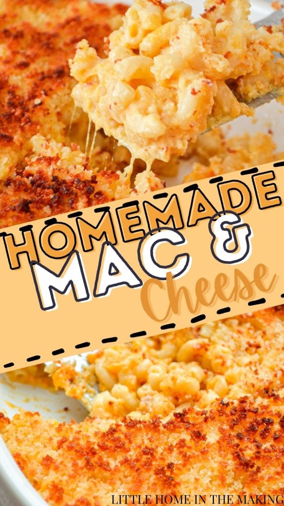 The top image is a close up of macaroni and cheese. The bottom is a close up of the baked casserole dish. The text reads: homemade mac and cheese.