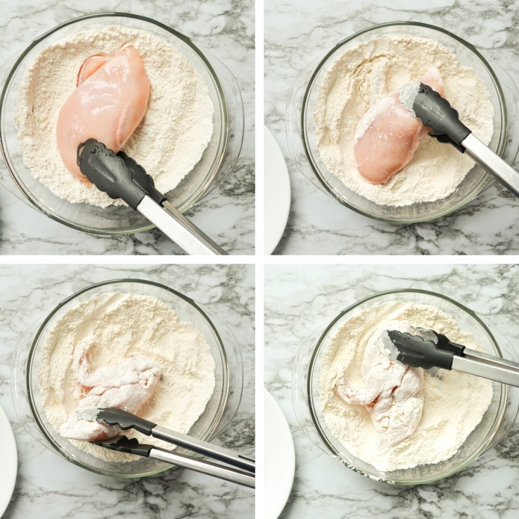 The process of coating your chicken breasts in flour. See text recipe for details.