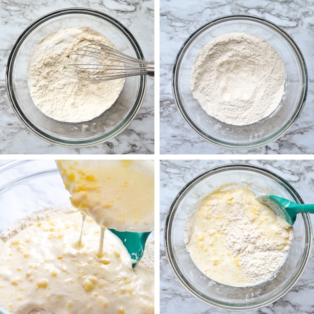Images detailing how to make sourdough discard drop biscuits. See text recipe for more information.