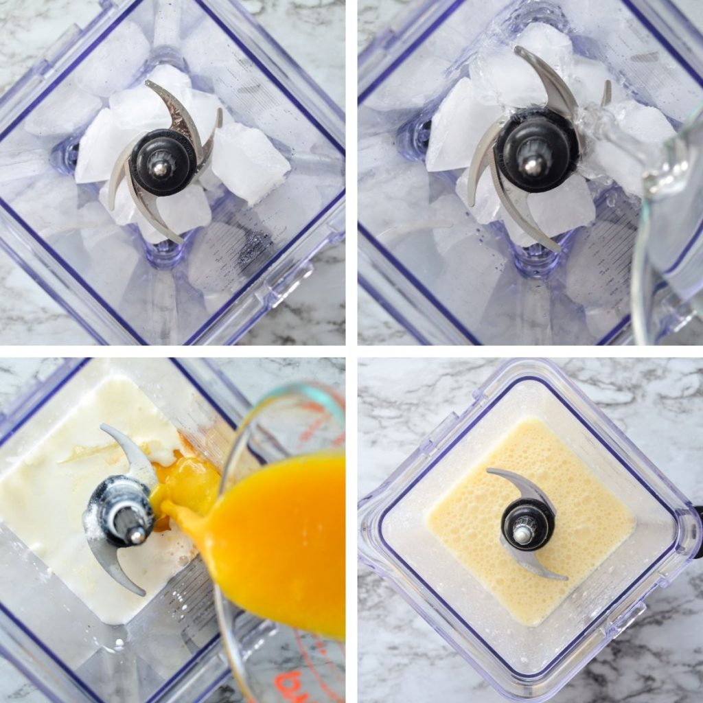 How to blend a copycat orange julius. First, add the ice. Then add water, milk, orange juice concentrate, heavy cream, and vanilla. Blend until smooth.