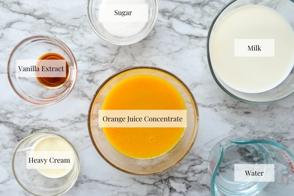 The ingredients needed to make copycat orange julius.