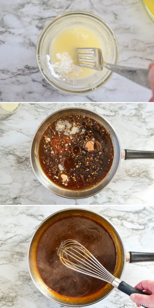 Images showing the various steps of making a sweet and sour sauce from scratch. See text recipe for more information.