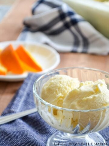 Homemade ice cream in a small glass dish.