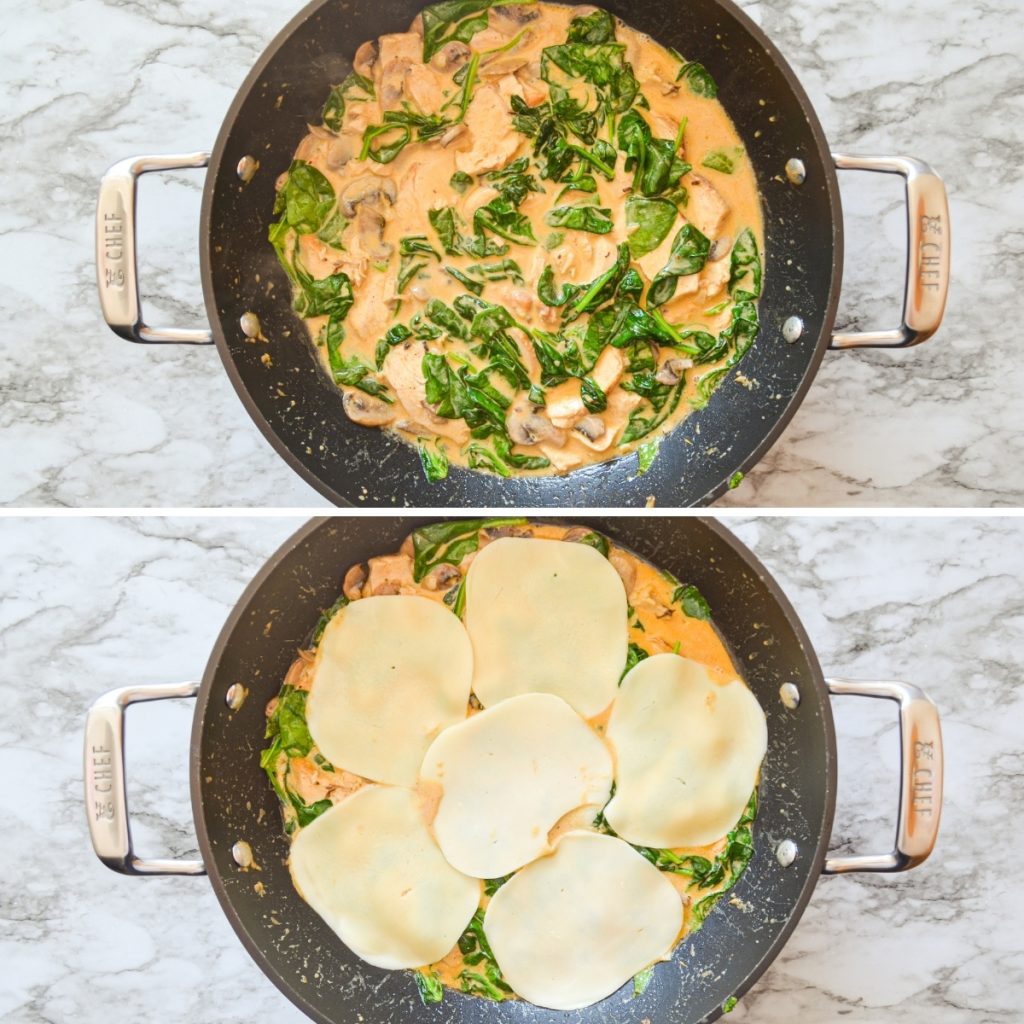 Adding cheese to a skillet meal.