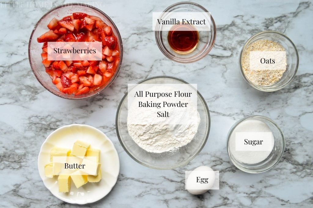 The ingredients needed to make strawberry oatmeal crumb bars.