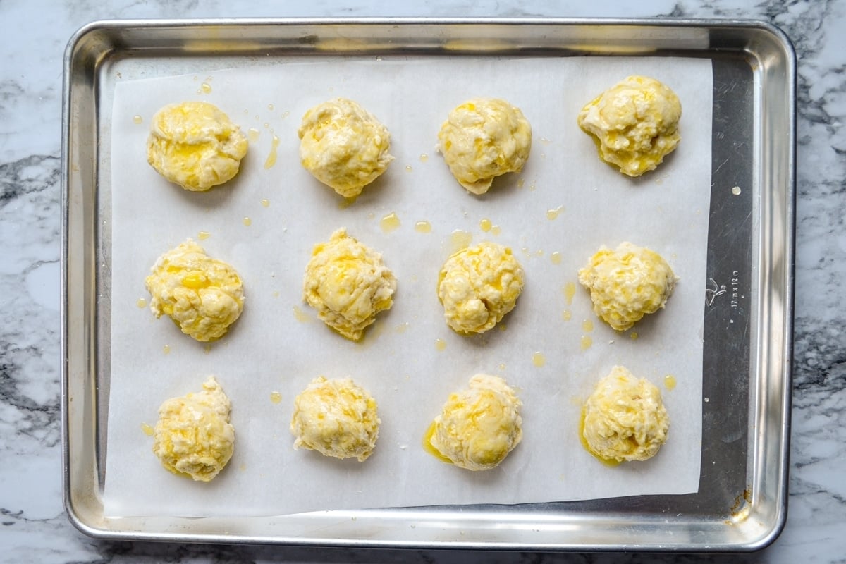 Sourdough drop biscuits brushed with melted butter.