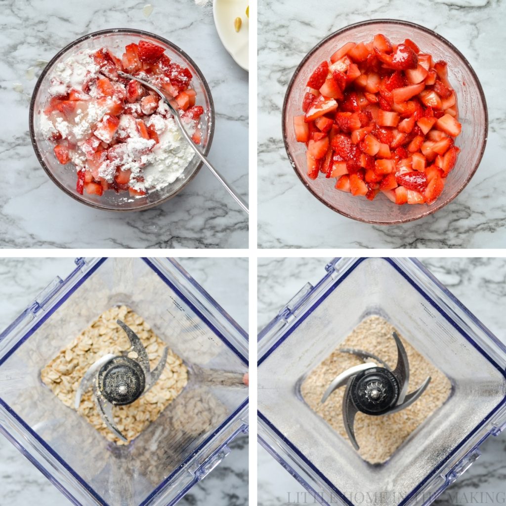 How to prepare strawberries and oatmeal for making into strawberry oatmeal crumb bars.