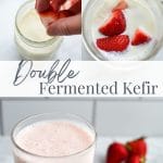 Adding strawberries to a jar of kefir.