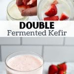 Adding strawberries to a jar of finished milk kefir.