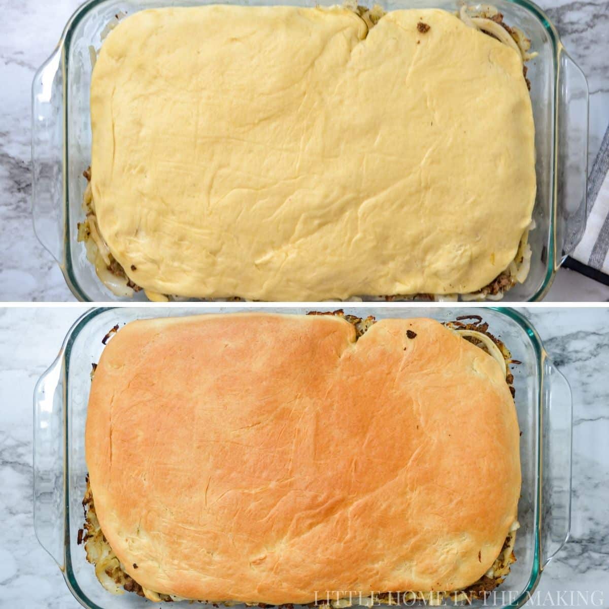 An unbaked dough covered casserole on top, and a baked one on the bottom.