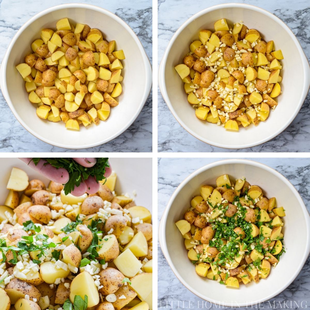 Chopped baby potatoes, tossed with seasonings and parsley.