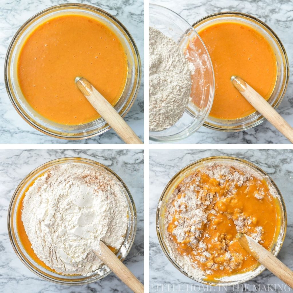 A bowl of batter for pumpkin loaf.