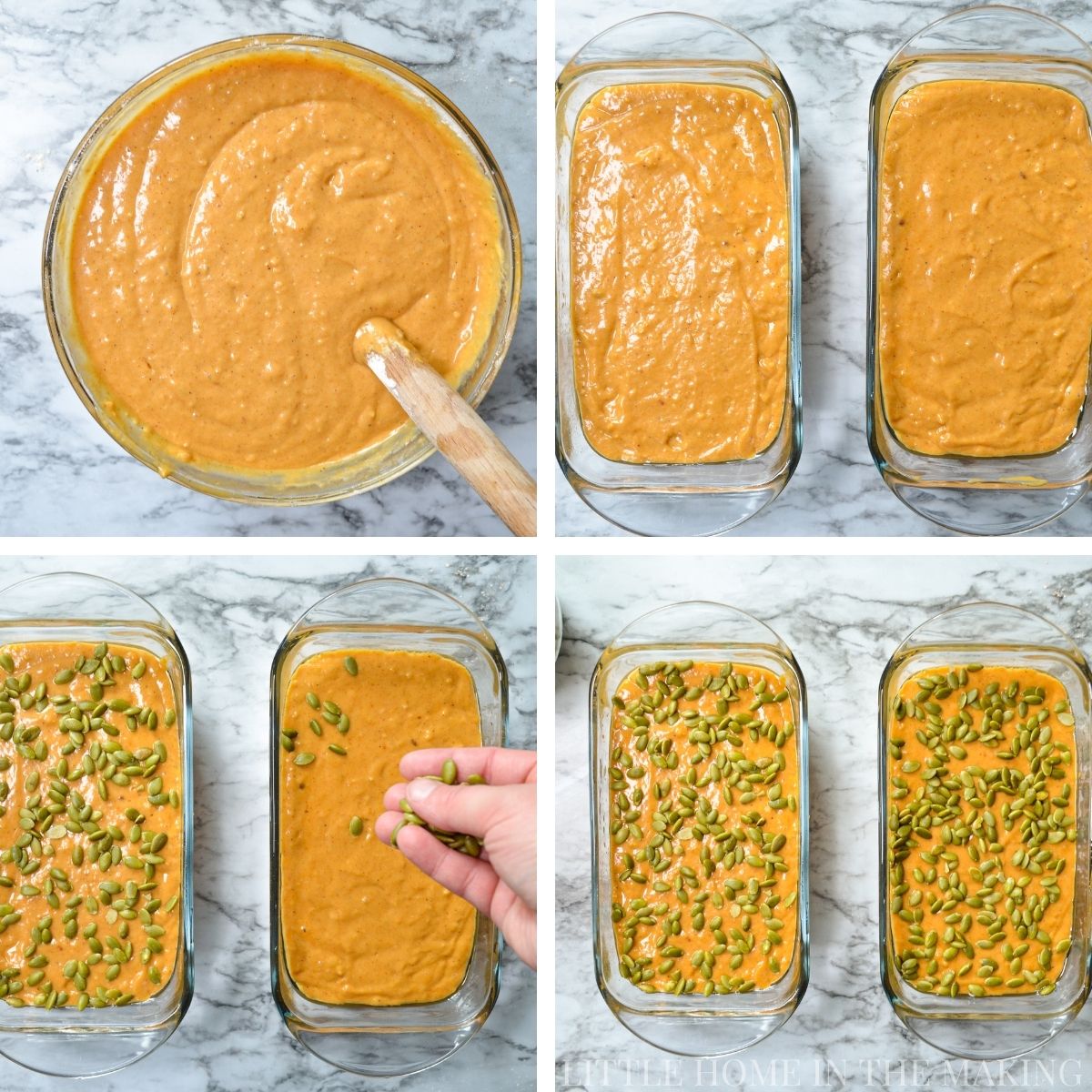 Pouring batter into loaf pans and sprinkling with pumpkin seeds.