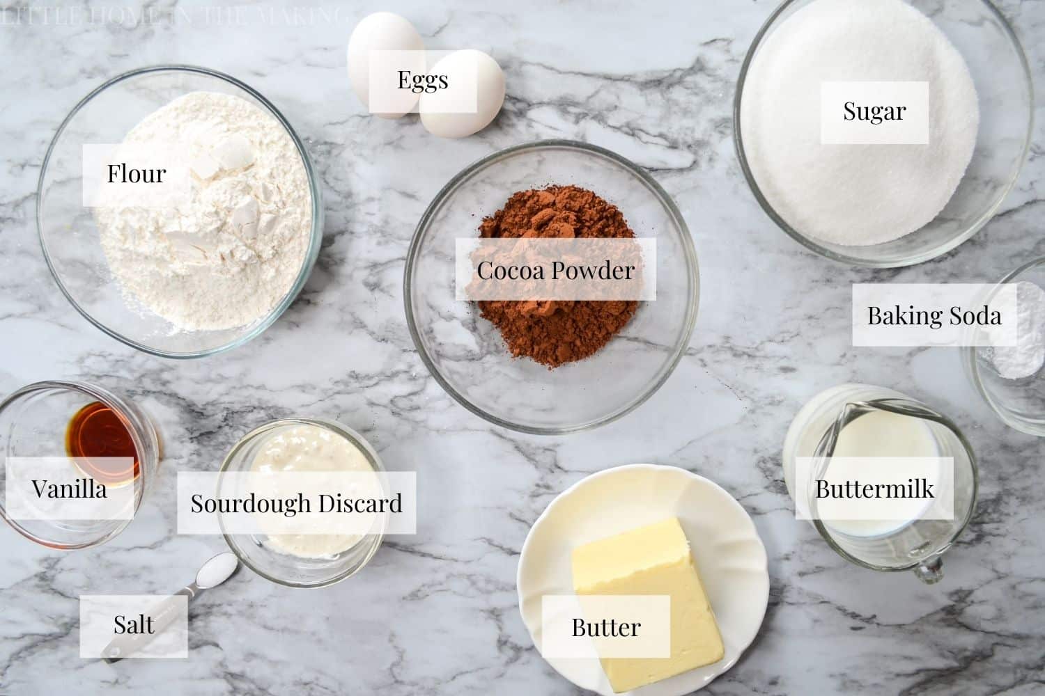 Ingredients needed to make Sourdough Texas Sheet Cake