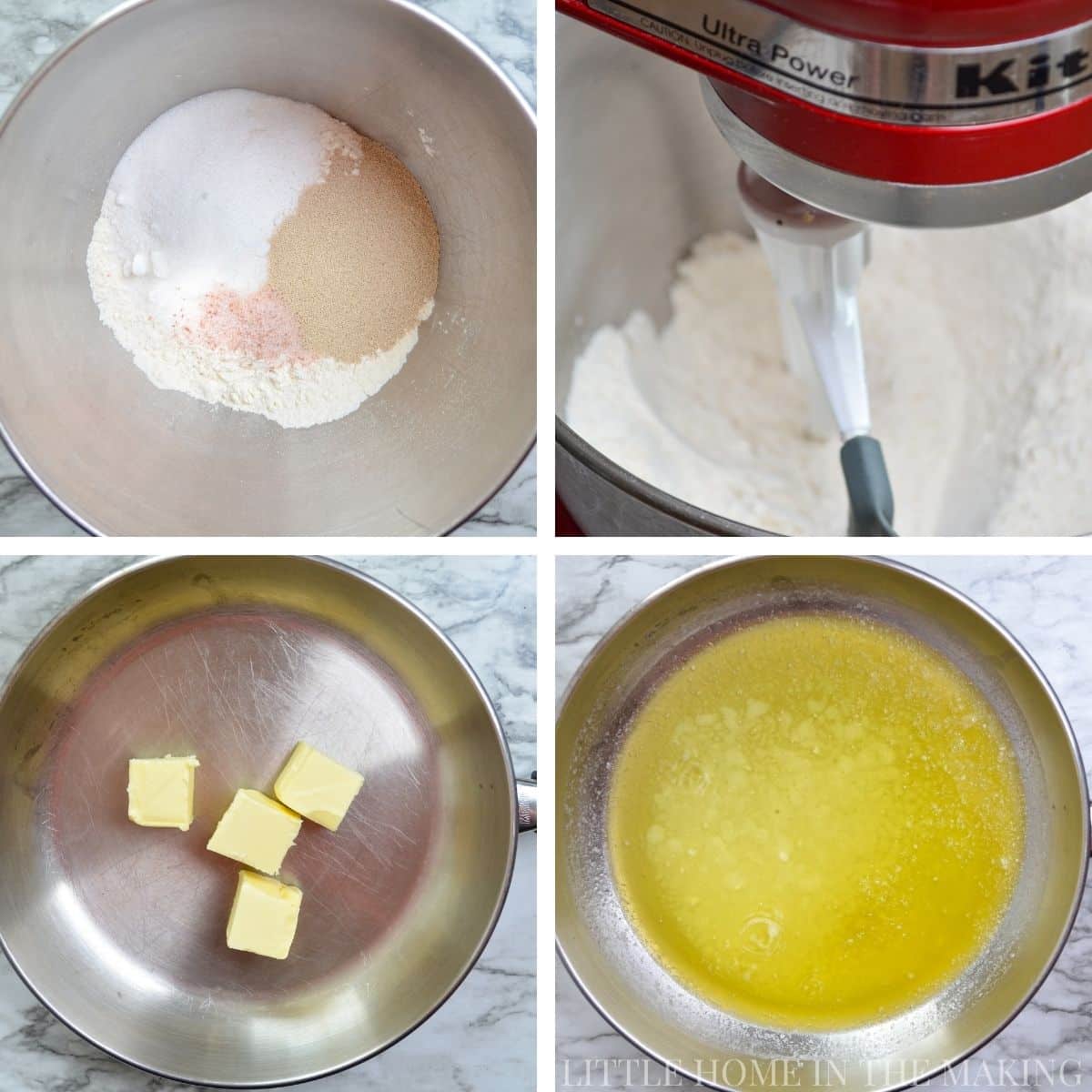 How to make homemade rolls in a stand mixer: mixing the dry ingredients and melting butter.