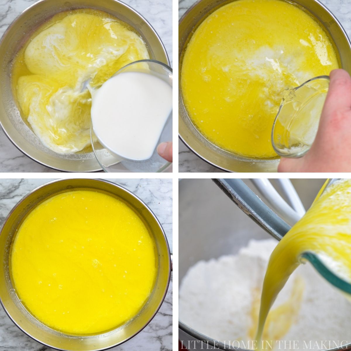 Making a warm liquid for homemade rolls with melted butter, milk, and water.