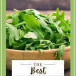 A bowl of arugula, with a text overlay that reads: the best companion plants for arugula.