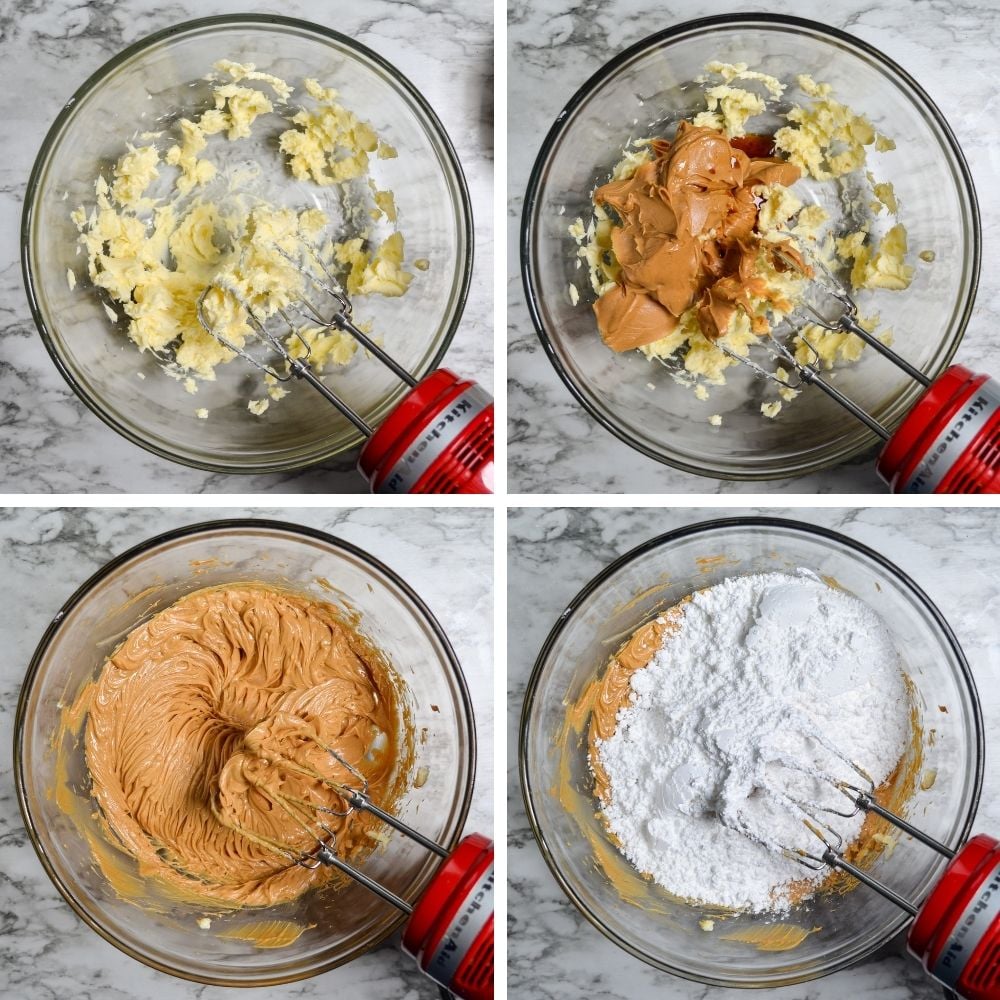 Blending together peanut butter, butter, and confectioners sugar.