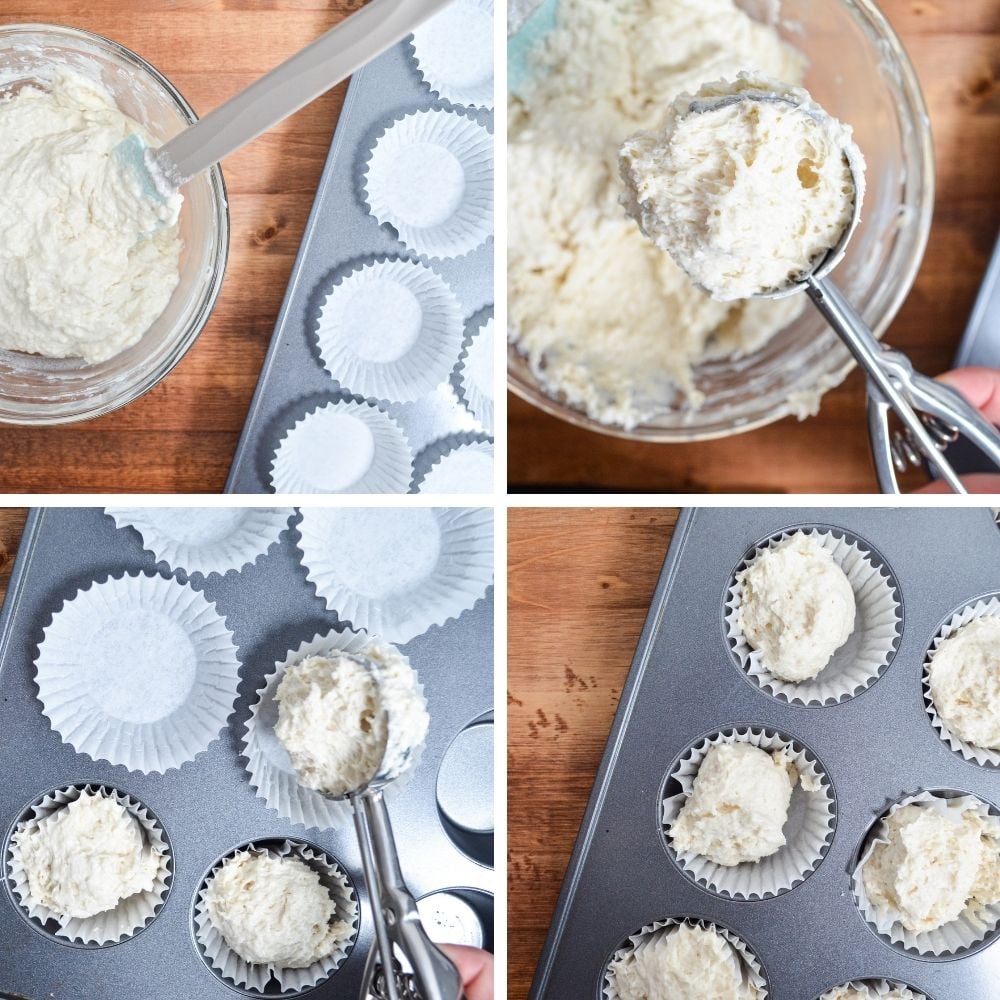 Scooping batter into lined muffin cups.