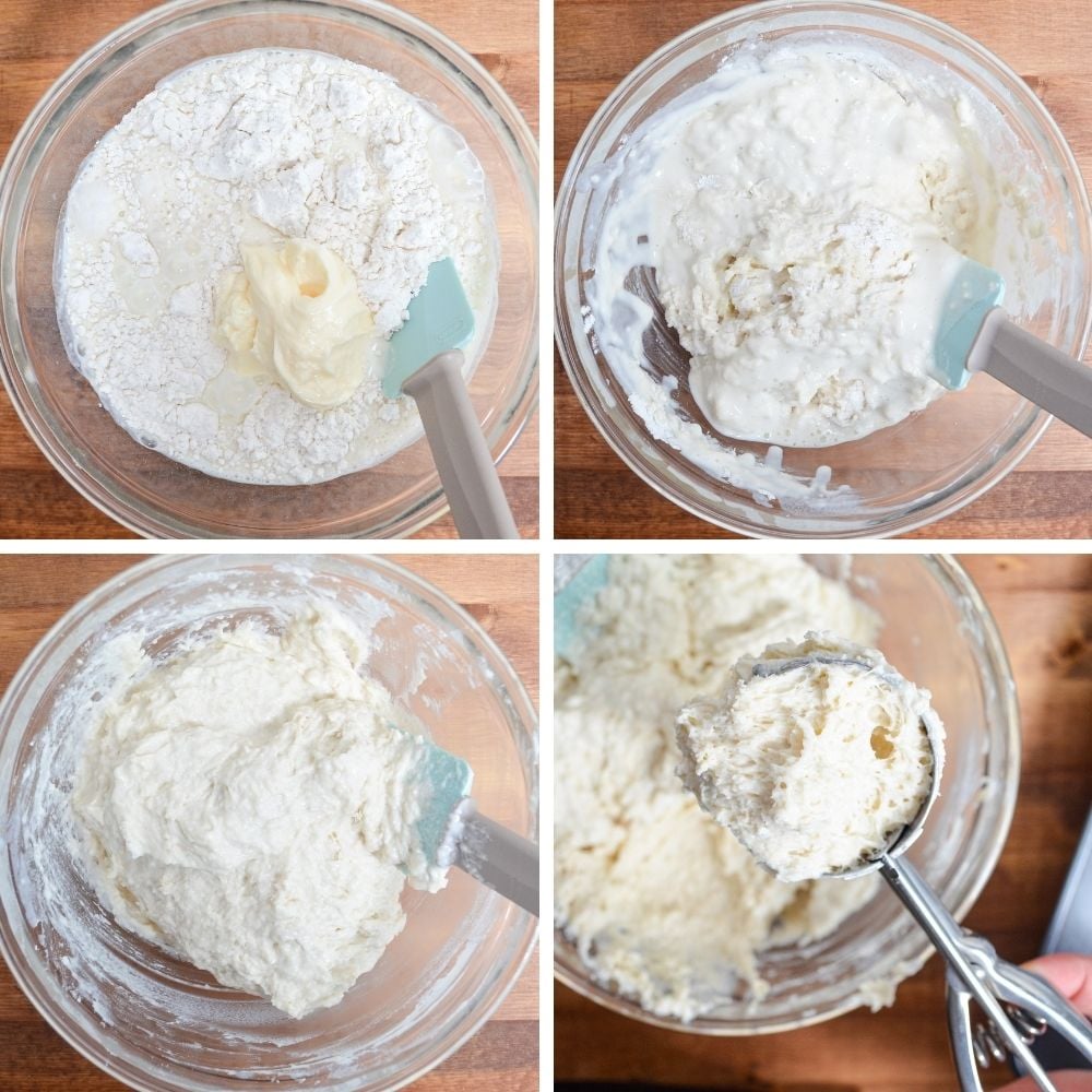 A bowl of self rising flour, mayo, and milk.