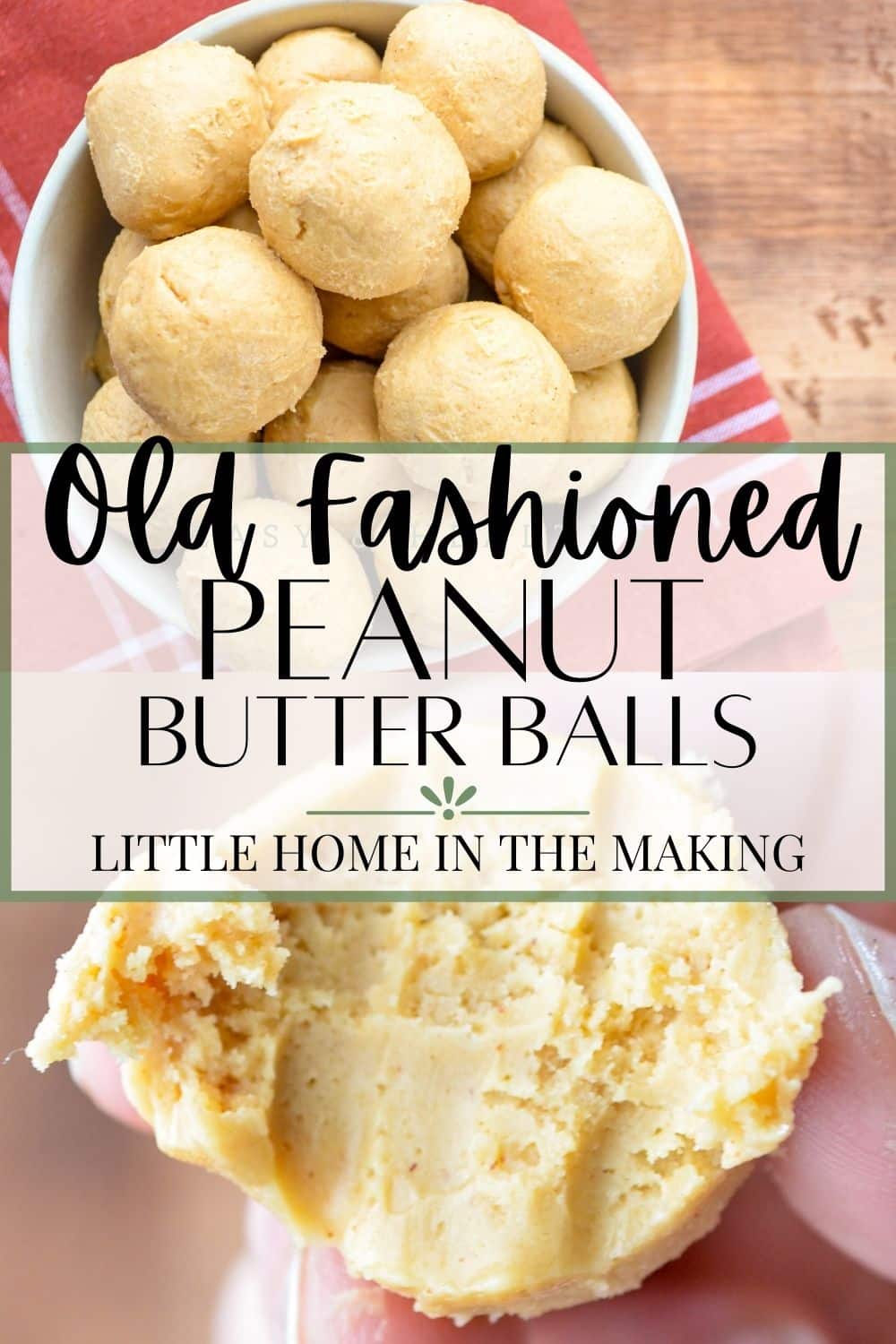 A bowl of peanut butter balls, and one with a bite taken out of it.