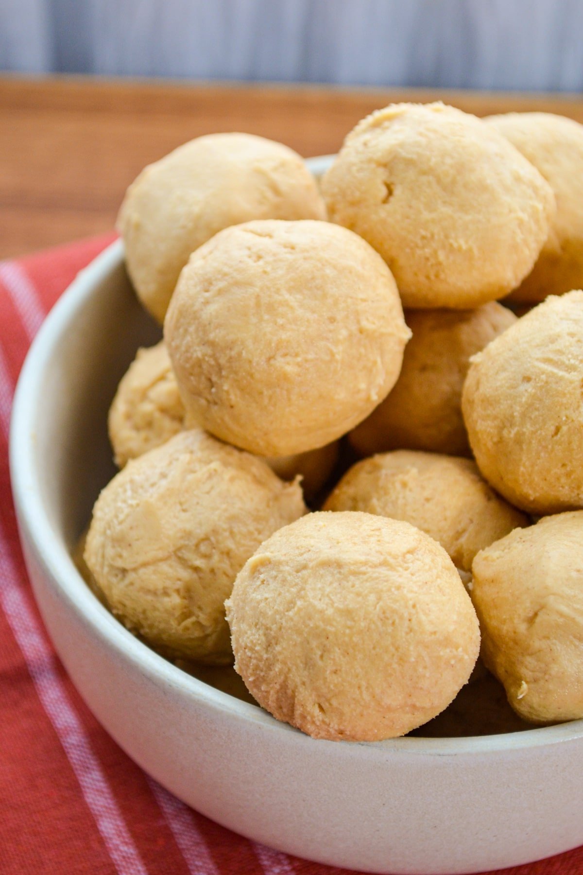 A bowl of homemade peanut butter balls.