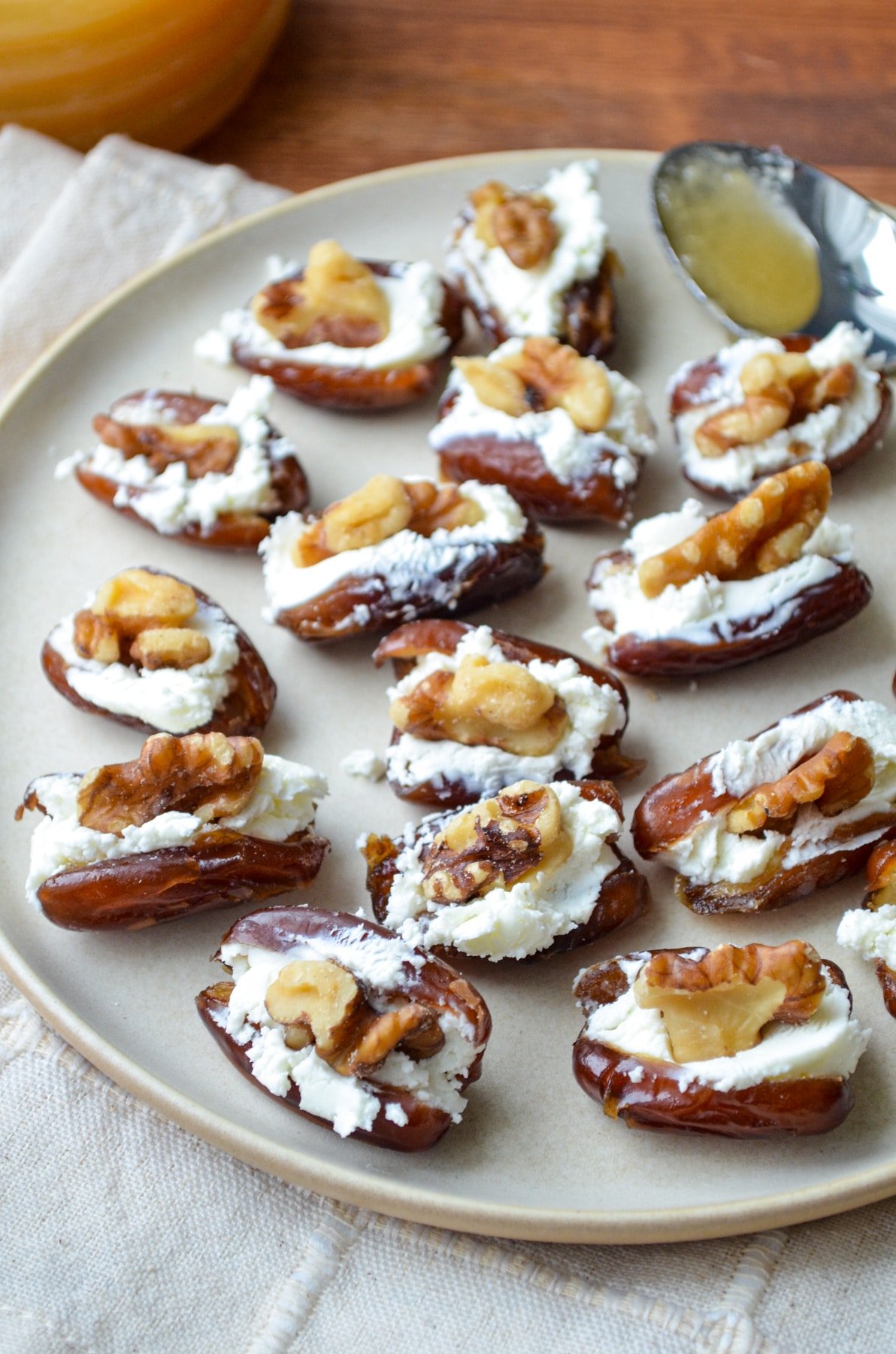 A plate of goat cheese stuffed dates