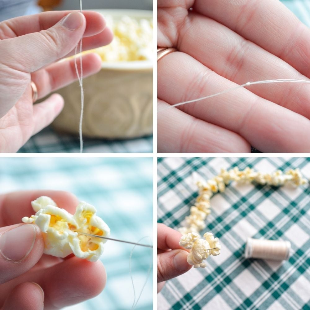 Threading popped popcorn through a needle and thread.