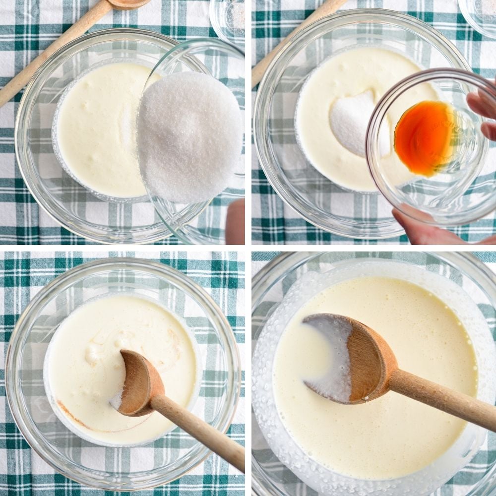 Adding sugar and vanilla to heavy cream.
