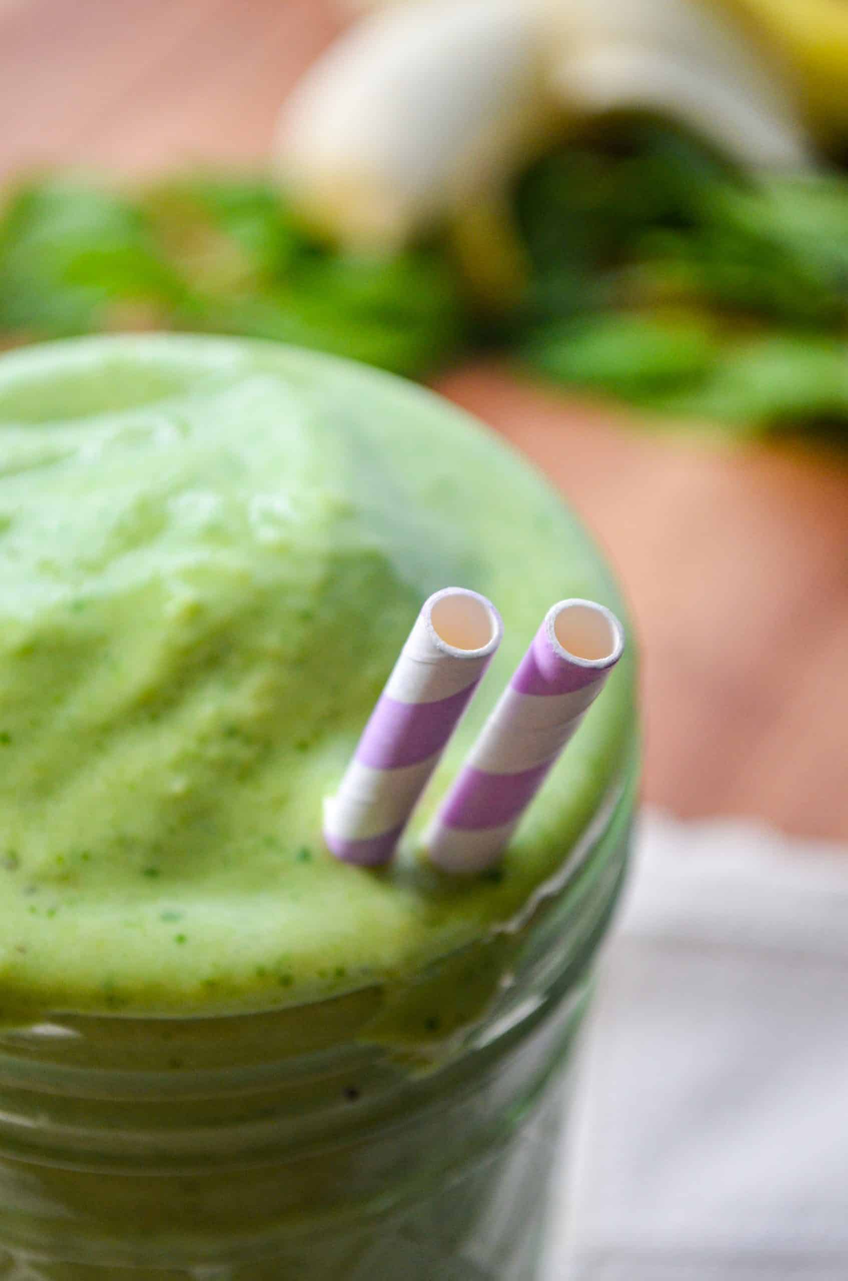 A closeup of a homemade breakfast smoothie. 