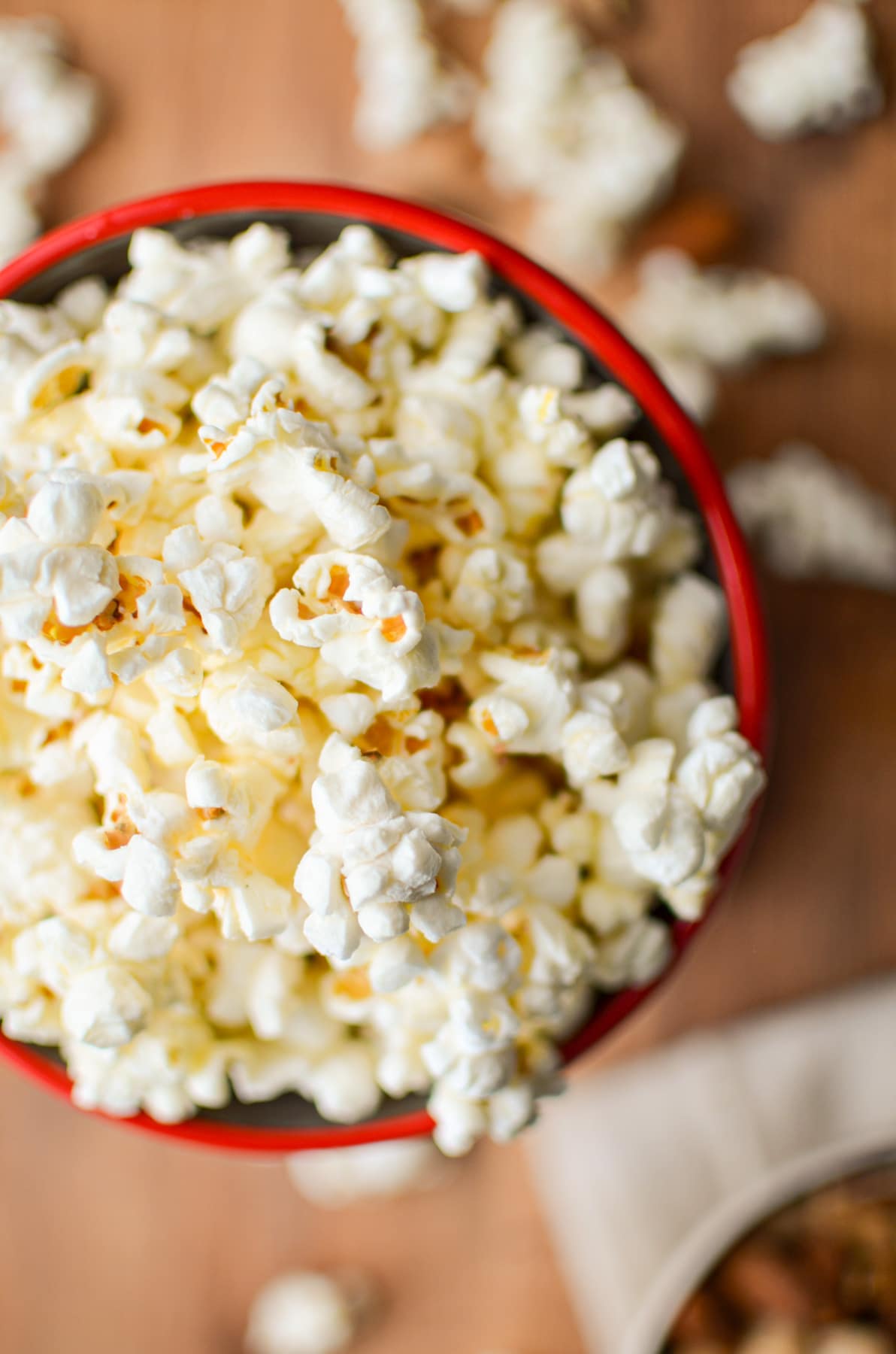 A container of popped popcorn.