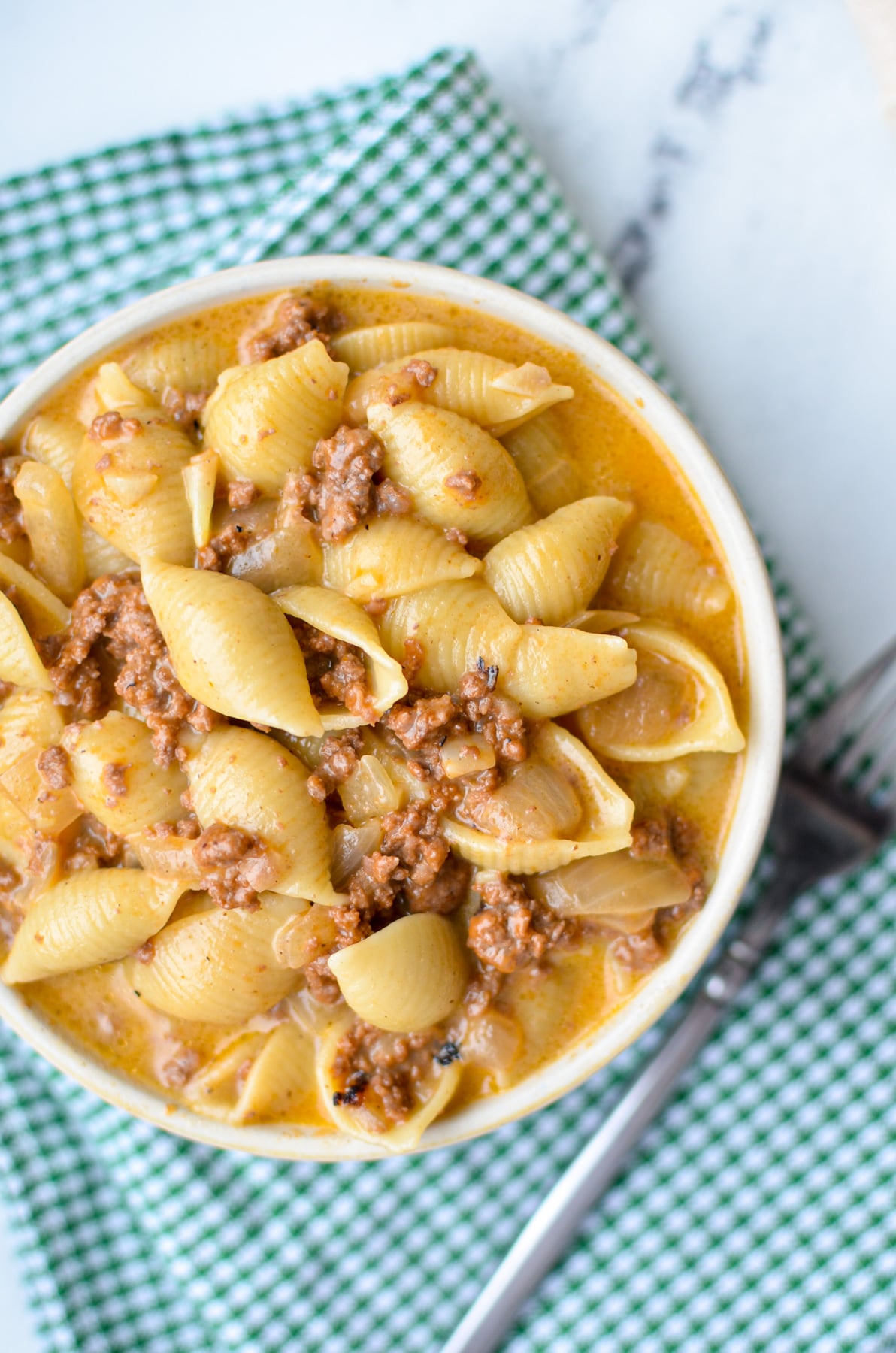 A bowl of homemade hamburger helper with beef and pasta