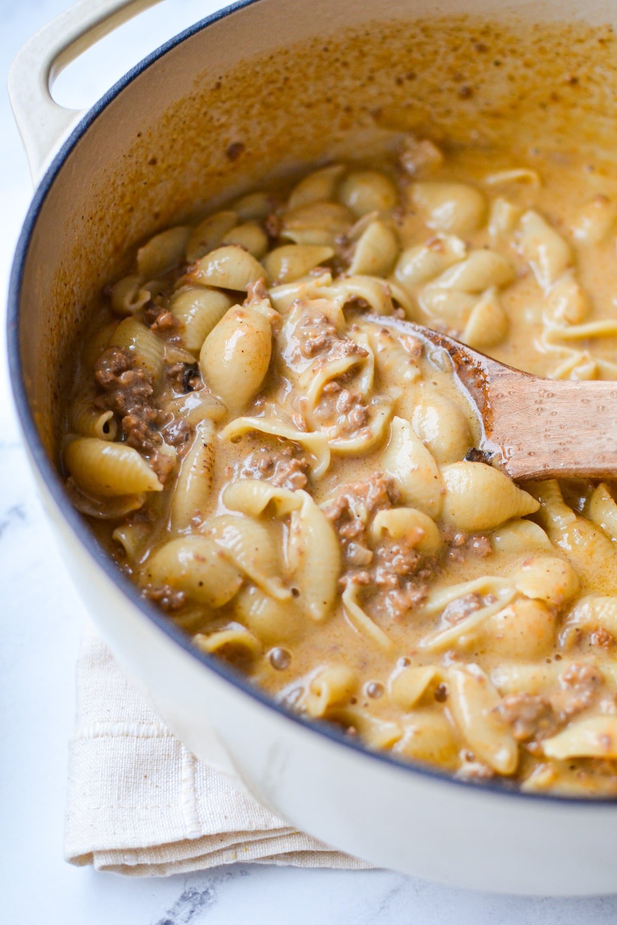 A dutch oven full of homemade hamburger helper