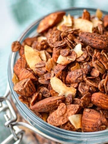 A jar filled with homemade granola.