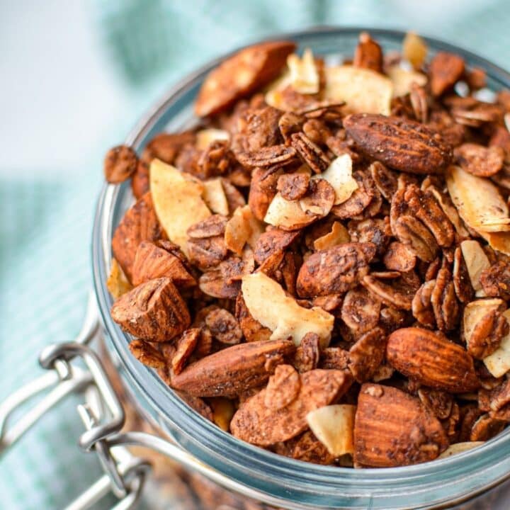 A jar filled with homemade granola.