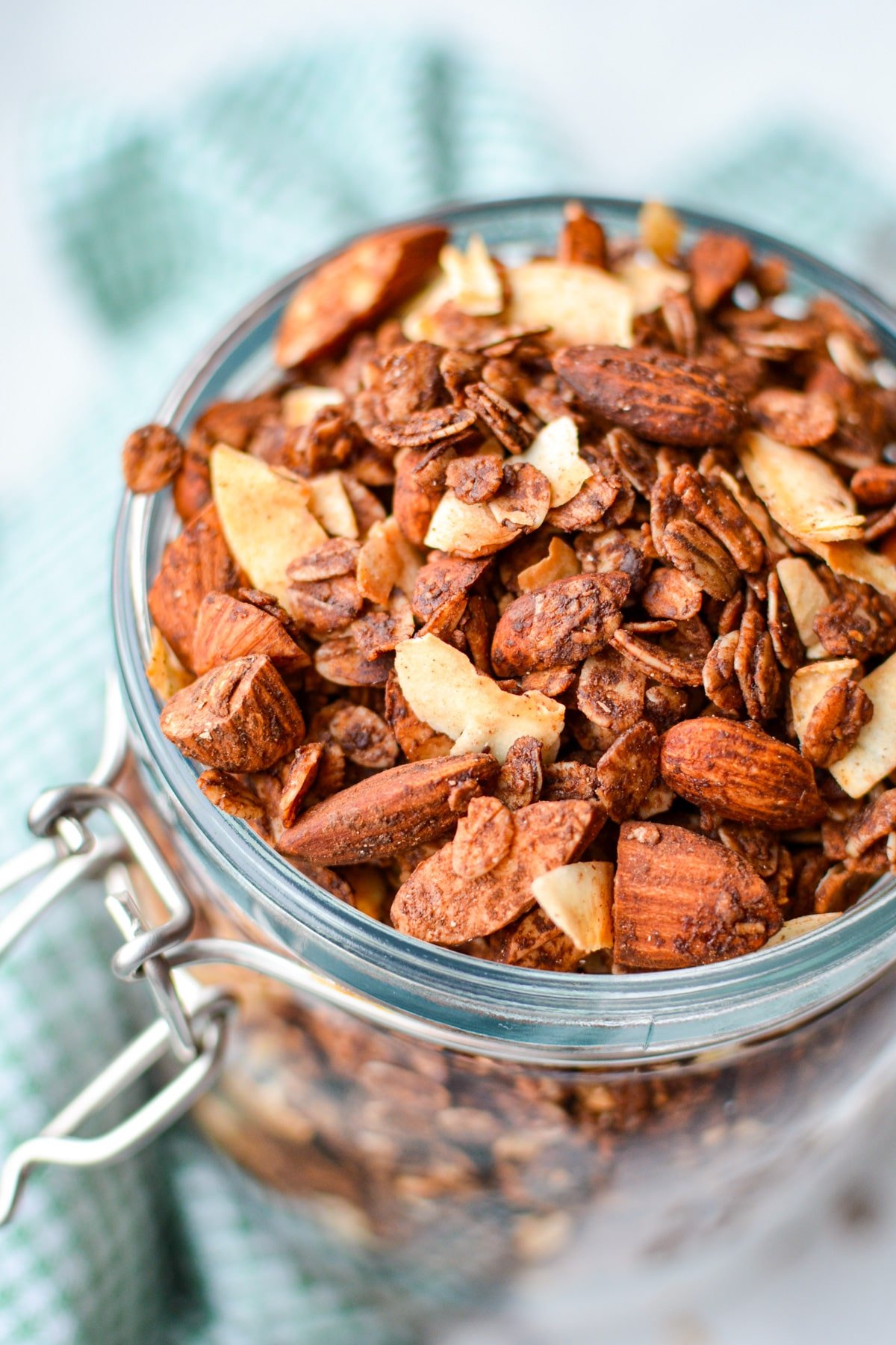 A jar of chocolate almond granola