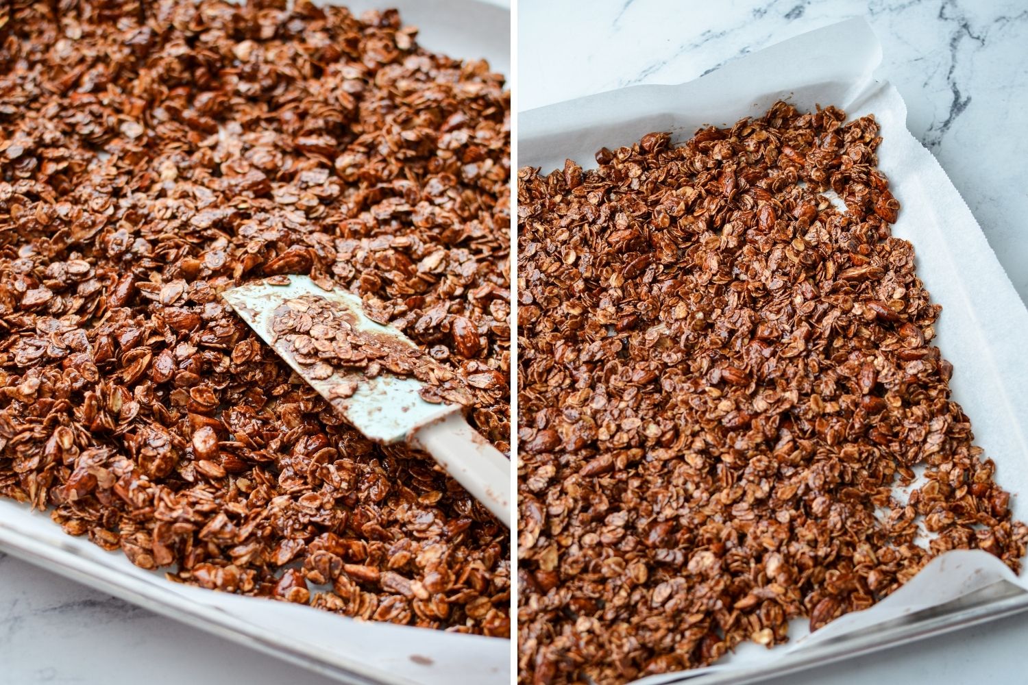 Spreading the granola onto the baking sheets