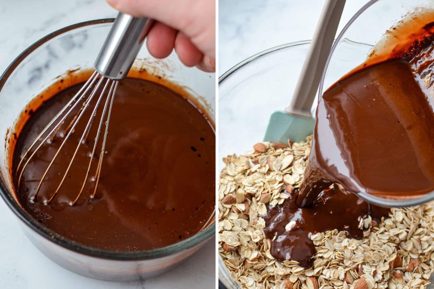 Adding the coconut oil and chocolate mixture to the oats and almonds