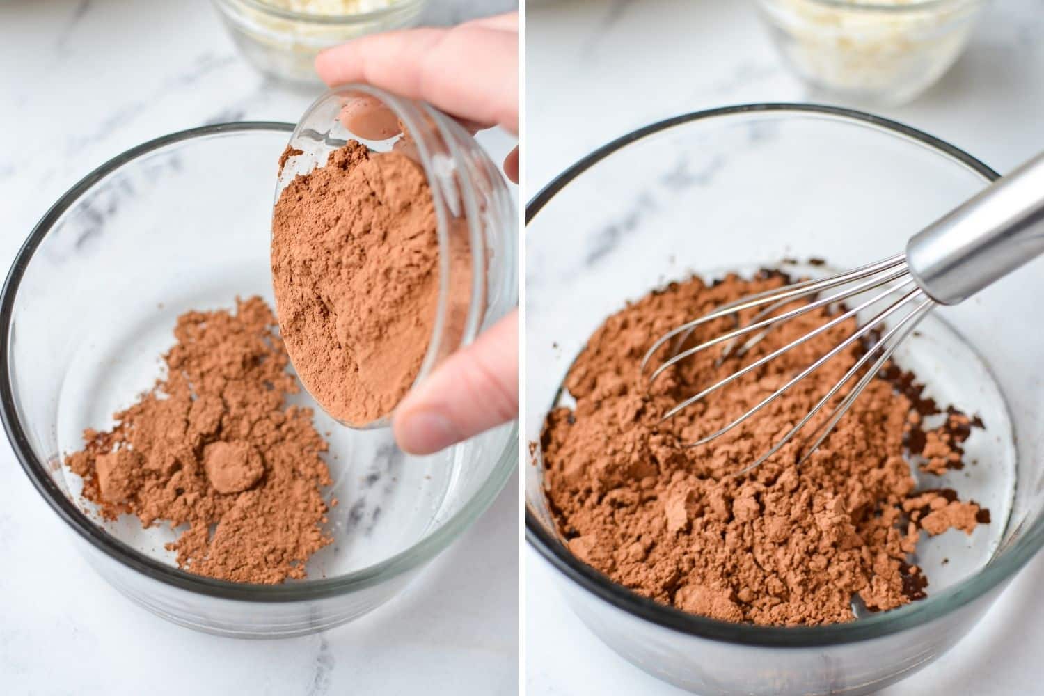 Adding cocoa powder to coconut oil to make granola.