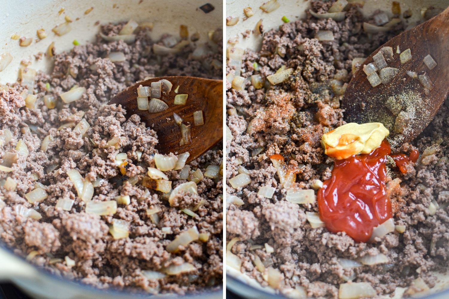 Adding seasonings to browned ground beef.