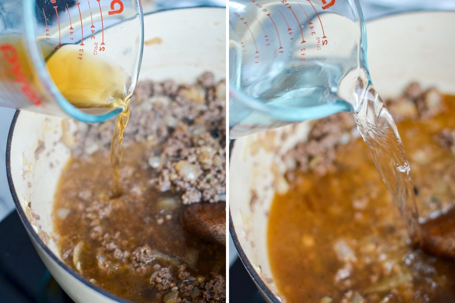 Adding the water and broth to a dutch oven