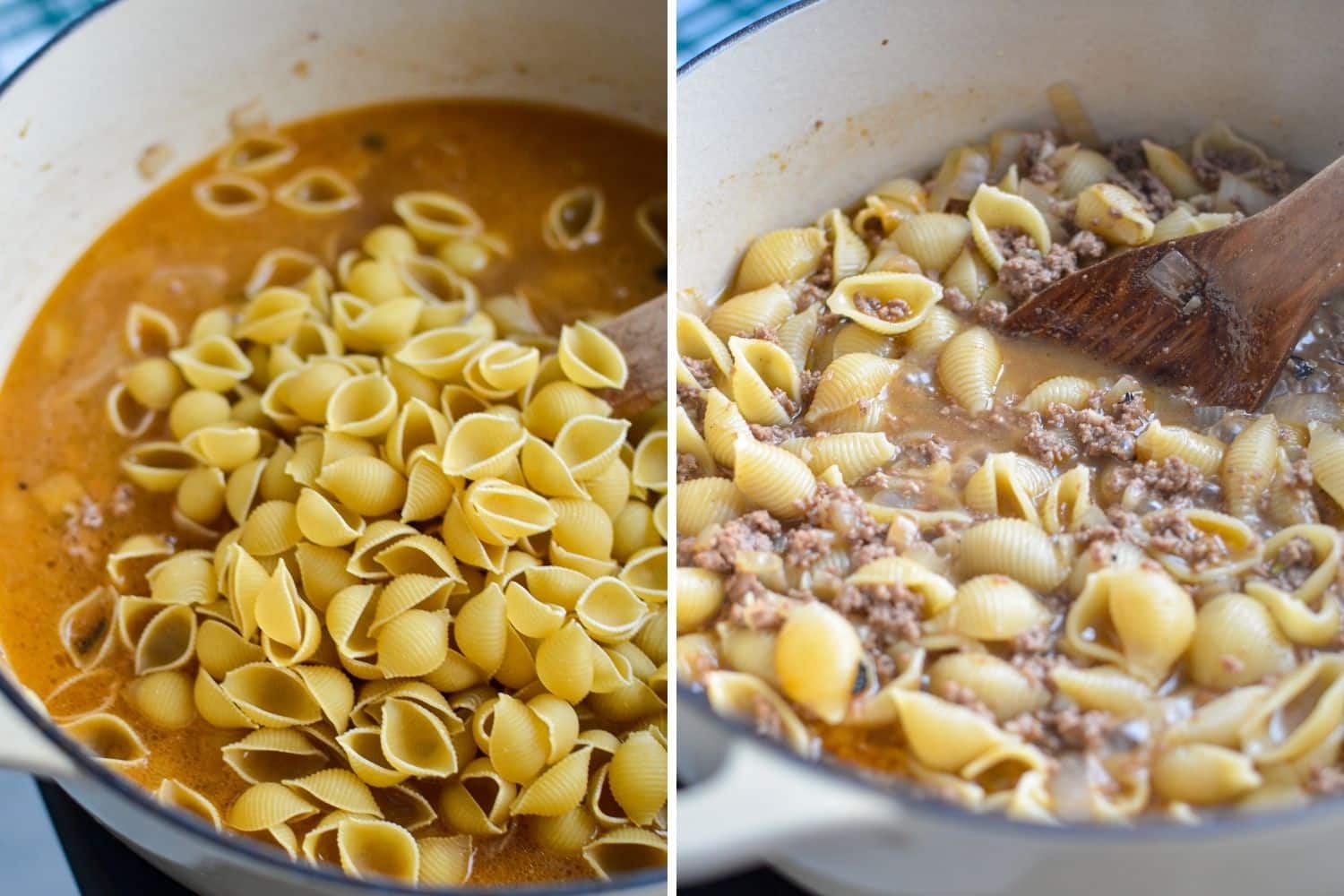 Adding pasta shells to a dutch oven